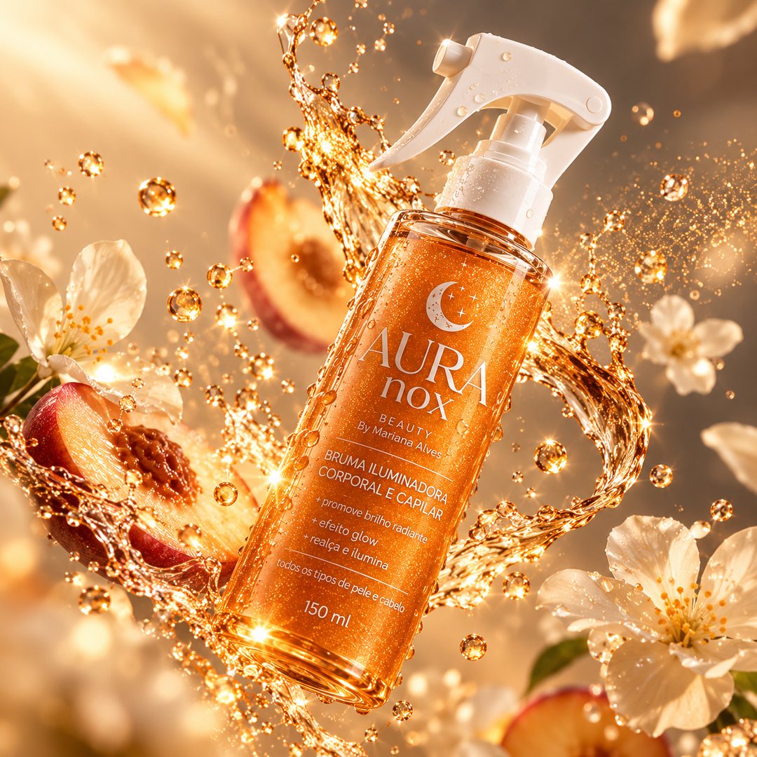 Bruma Aura Nox entre gotas douradas, flores brancas e frutas